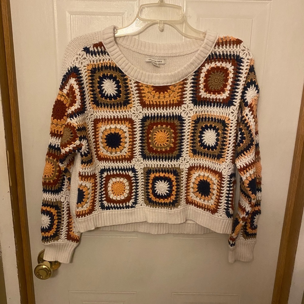 American Eagle Outfitters Crochet Patchwork Cropped Boho Sweater - Picture 2 of 8